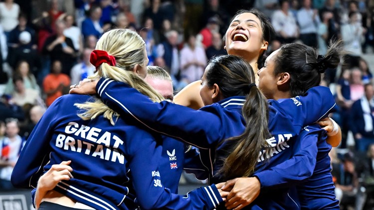 The Great Britain Billie Jean King Cup team celebrating victory over France