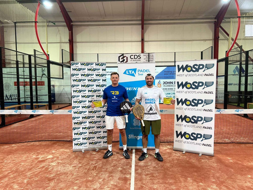 Francis Langan and Jorge Martinez Del Campo holding their winners trophy at West of Scotland Padel