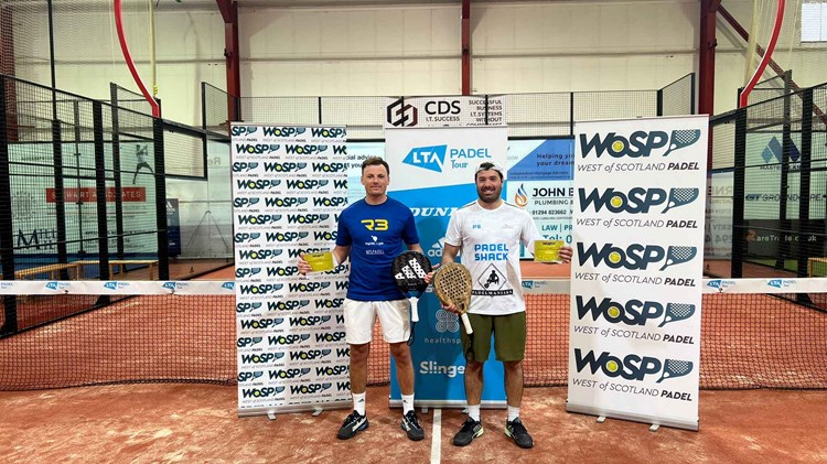 Francis Langan and Jorge Martinez Del Campo holding their winners trophy at West of Scotland Padel