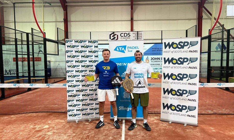 Francis Langan and Jorge Martinez Del Campo holding their winners trophy at West of Scotland Padel