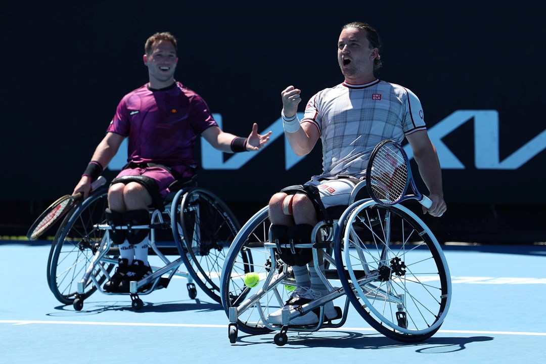 Gordon Reid and Alfie Hewett celebrate winning the Australian Open 2023