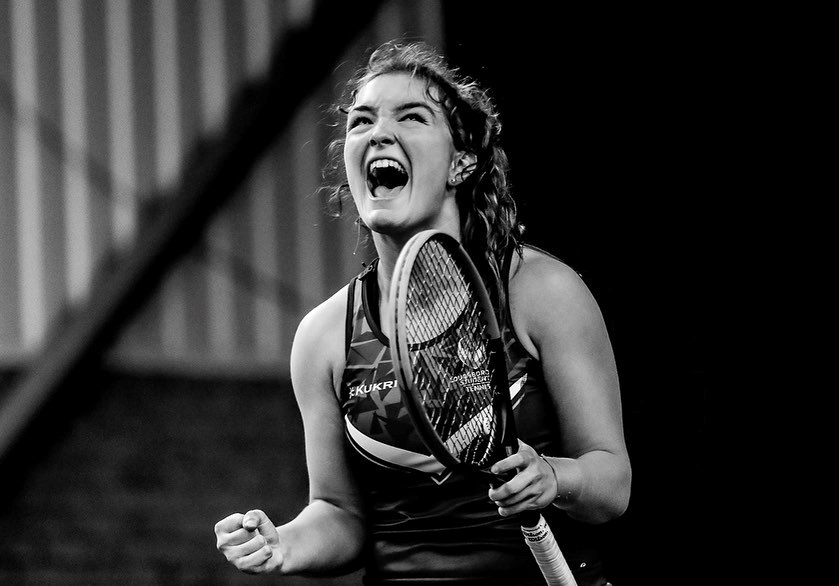 Phoebe celebrating a win for Loughborough University at the BUCS Tennis Championship