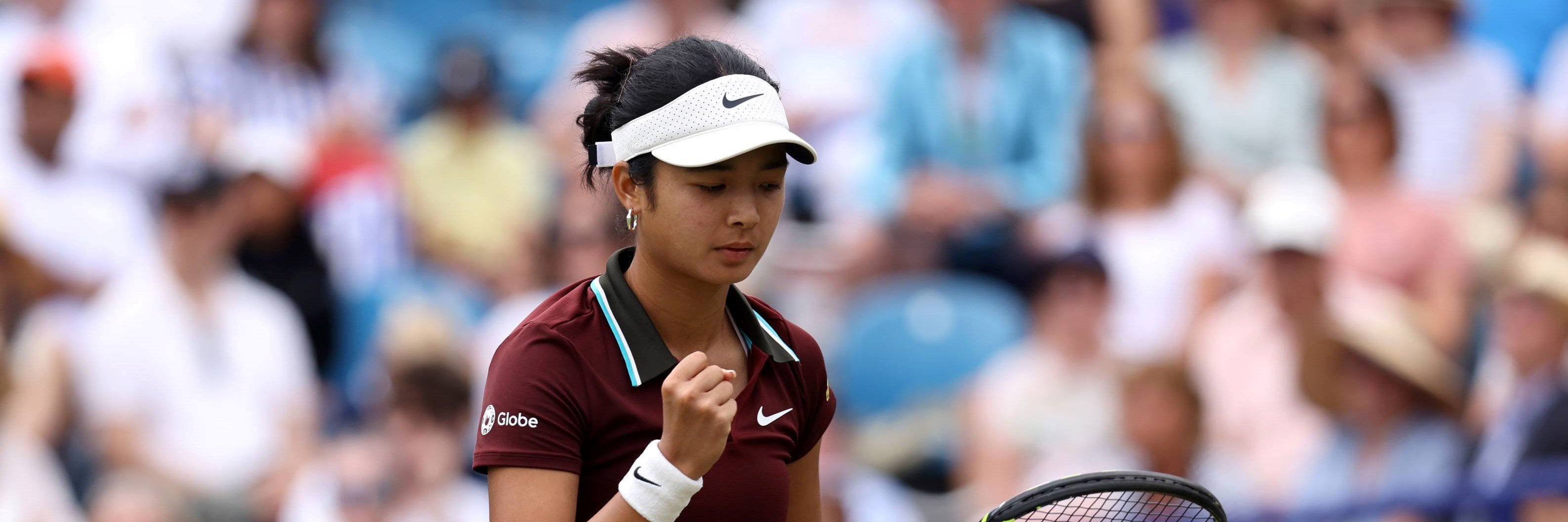 Alex Eala celebrates winning a point at the 2025 Lexus Eastbourne Open