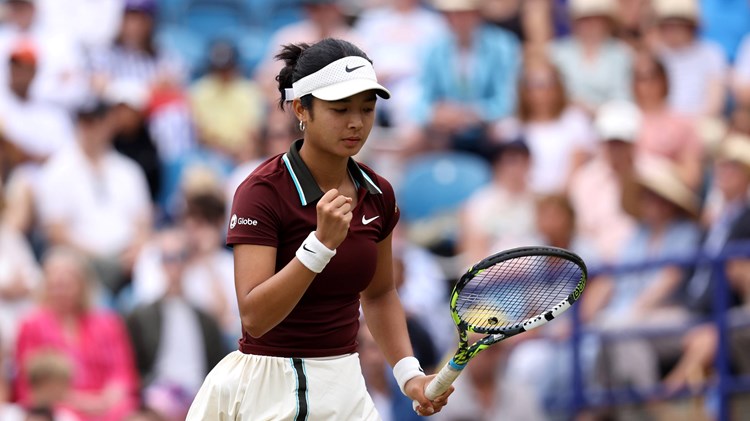 Alex Eala celebrates winning a point at the 2025 Lexus Eastbourne Open