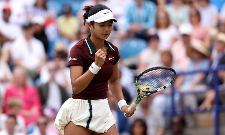 Alex Eala celebrates winning a point at the 2025 Lexus Eastbourne Open
