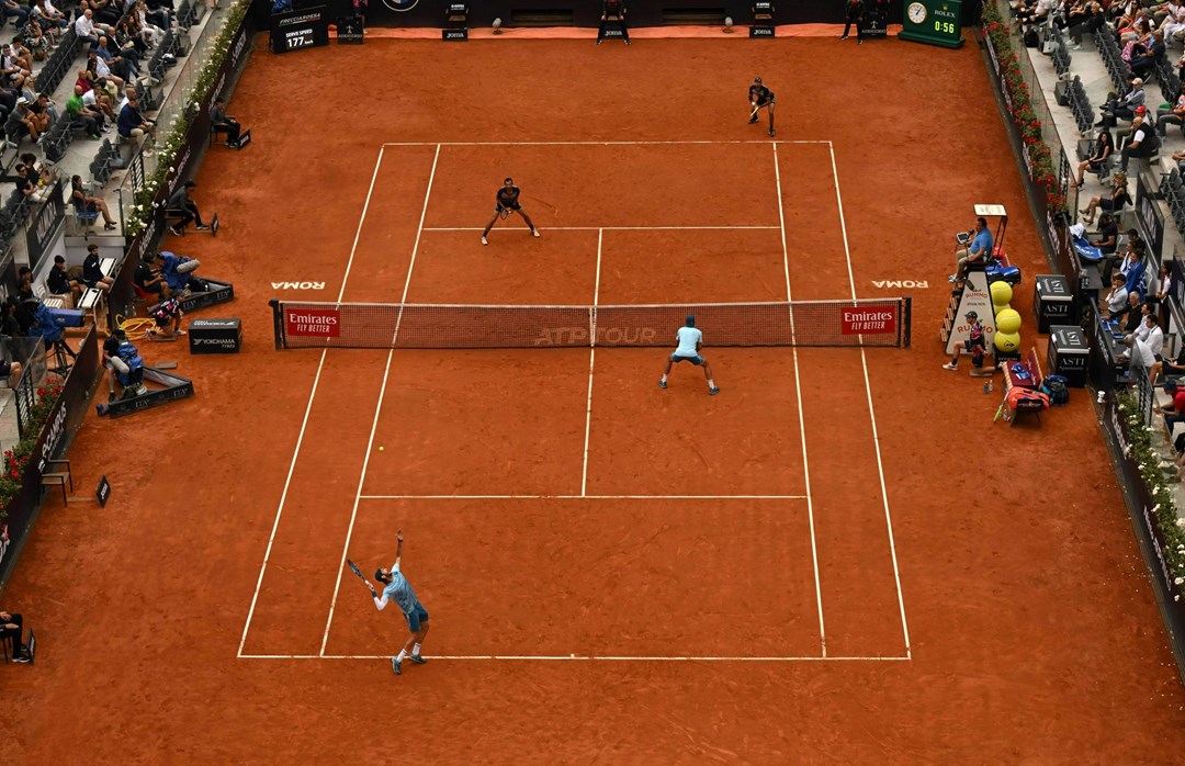 Overhead view of the 2024 Italian Open court during the men's doubles final