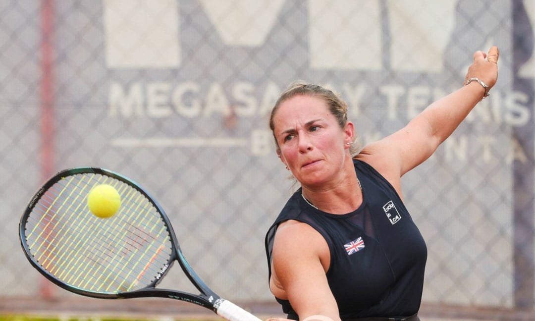 Lucy Shuker reaches for a volley playing for GB at the World Team Cup 2024