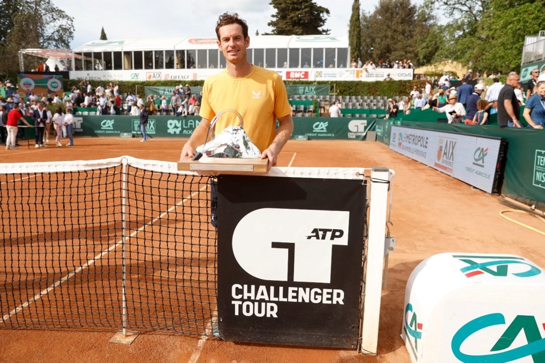 Andy Murray pictured with trophy following his win over top seed Tommy Paul in Challenger final in Aix-en-Provence 