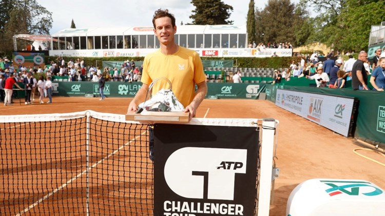 Andy Murray pictured with trophy following his win over top seed Tommy Paul in Challenger final in Aix-en-Provence 
