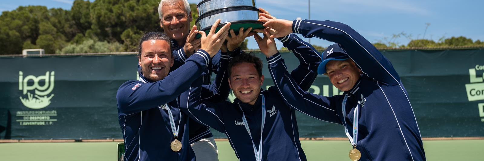 Great Britain's men's World Team Cup team lifting their trophy after defeating the Netherlands in Portugal 