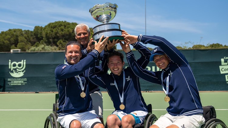 Great Britain's men's World Team Cup team lifting their trophy after defeating the Netherlands in Portugal 