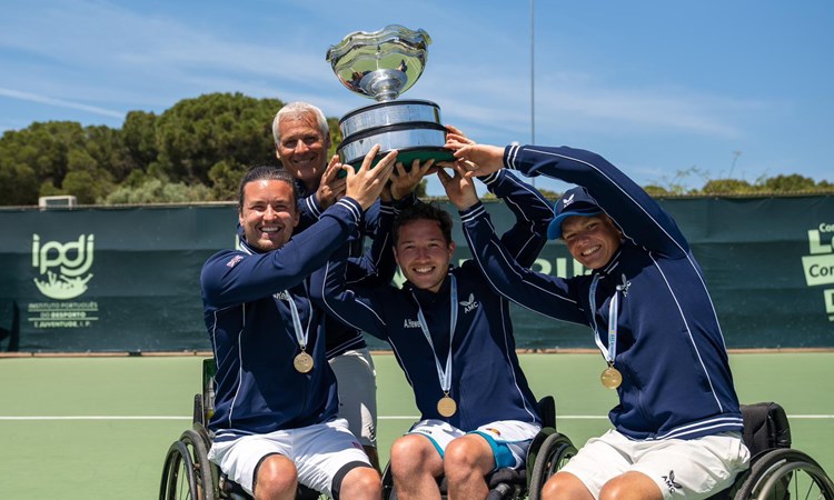 Great Britain's men's World Team Cup team lifting their trophy after defeating the Netherlands in Portugal 