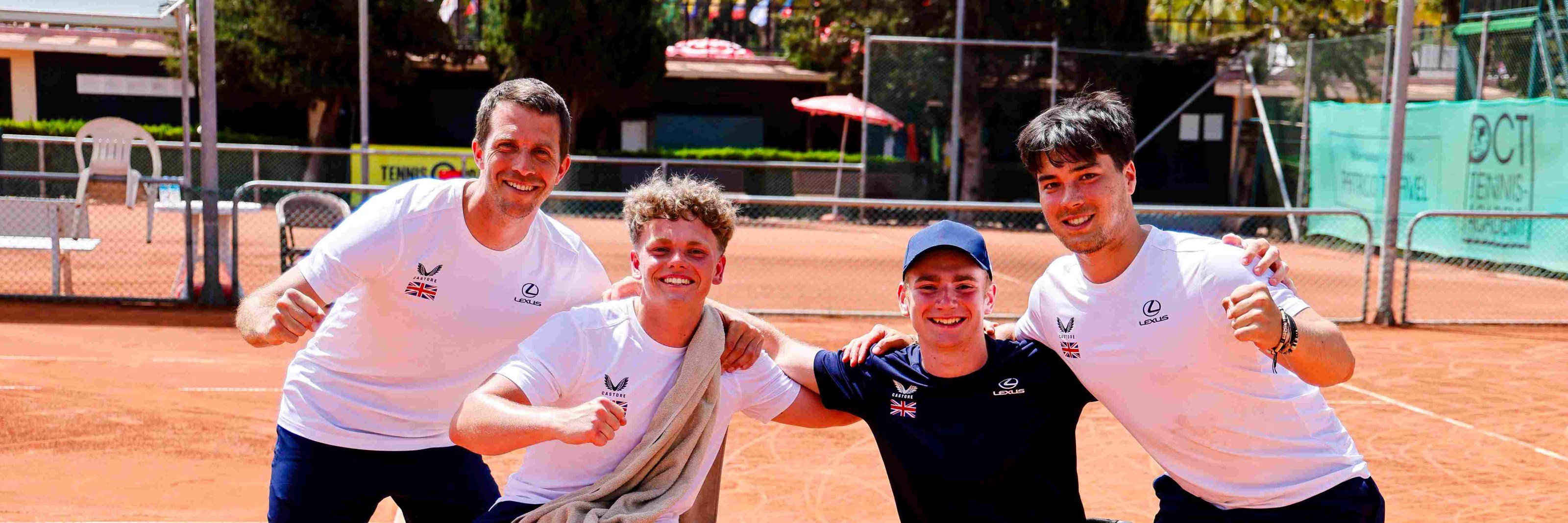 Wheelchair tennis players Ben Bartram, Andrew Penney and Dahnon Ward celebrating after winning bronze in the men's category at the World Team Cup