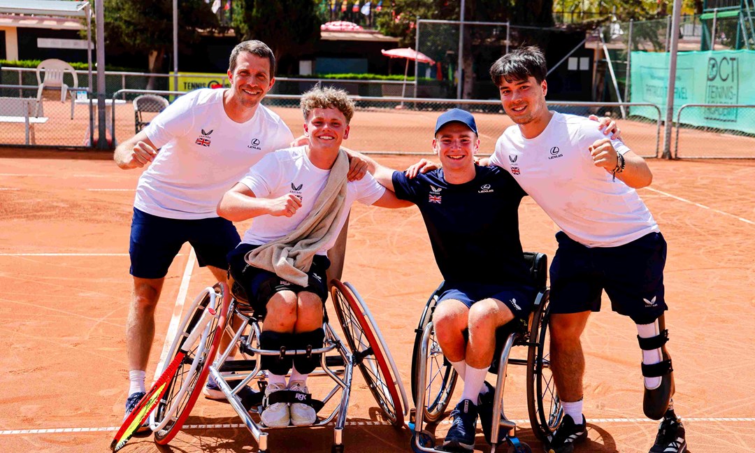 Wheelchair tennis players Ben Bartram, Andrew Penney and Dahnon Ward celebrating after winning bronze in the men's category at the World Team Cup