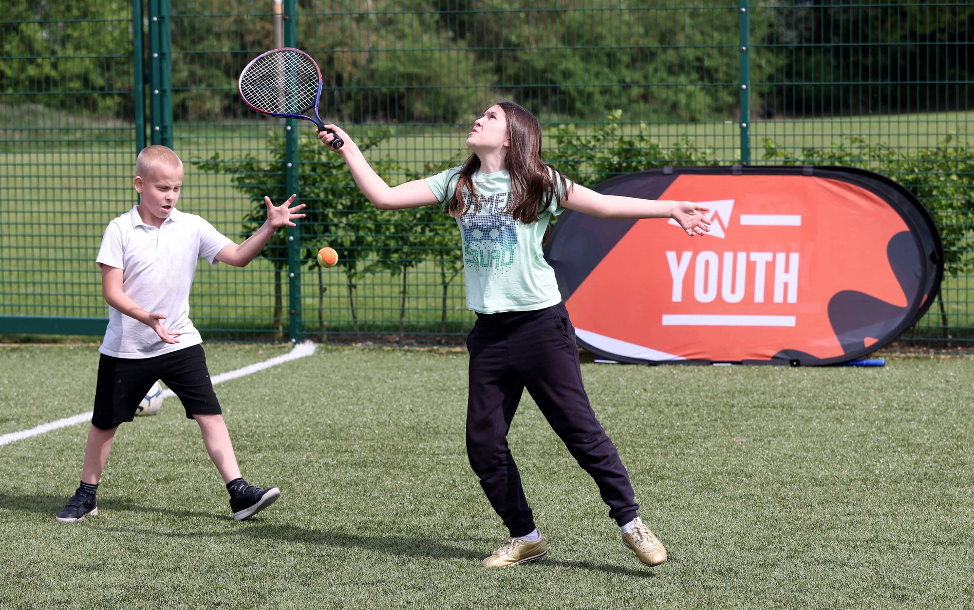 Pupils getting involved during the LTA Youth Session held during Emma Raducanu's US Open Trophy Tour held at Gretton Primary School