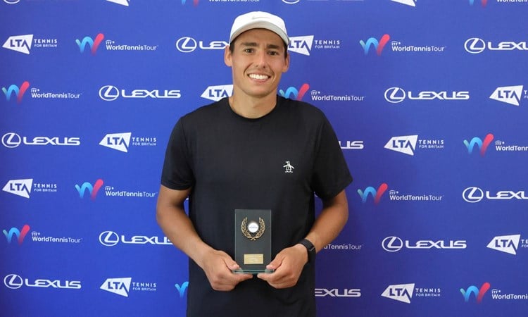 Charles Broom holding his men's singles trophy at the Lexus British Pro Series Nottingham