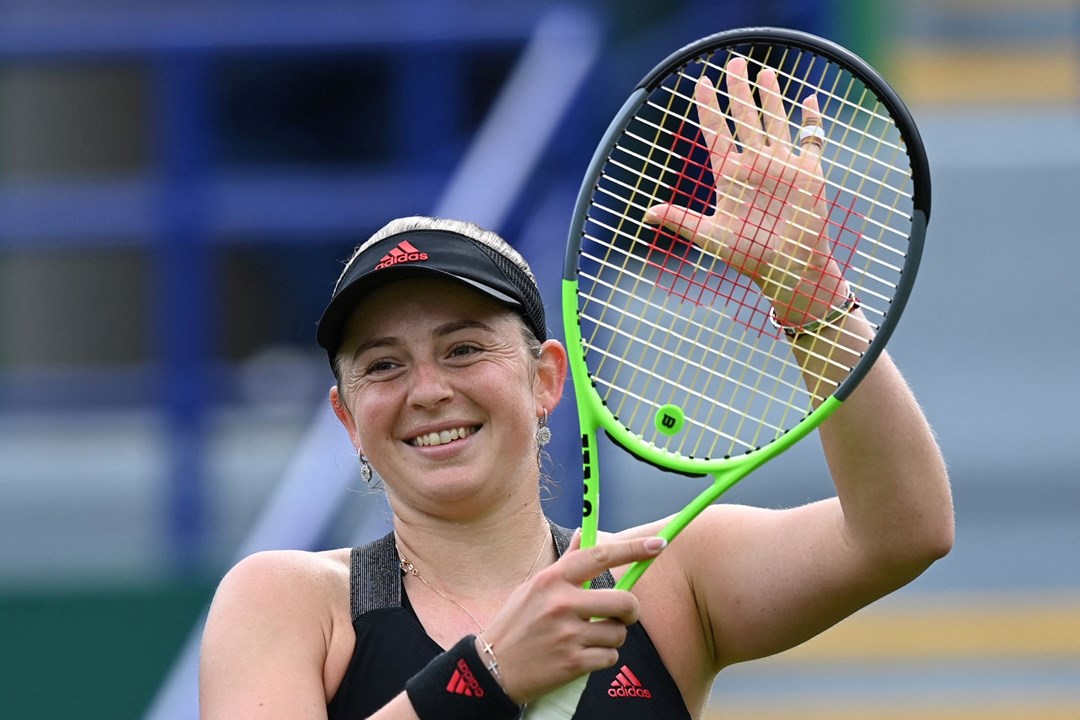 Jelena Ostapenko celebrates winning the Eastbourne International in 2021