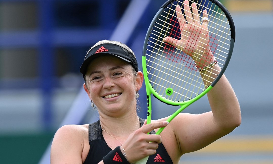 Jelena Ostapenko celebrates winning the Eastbourne International in 2021