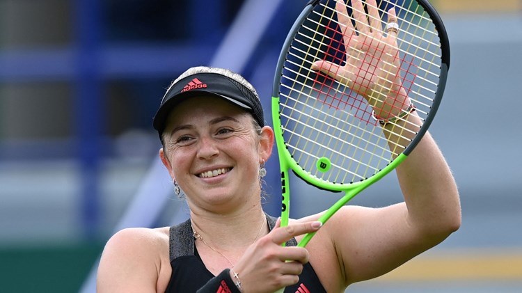 Jelena Ostapenko celebrates winning the Eastbourne International in 2021