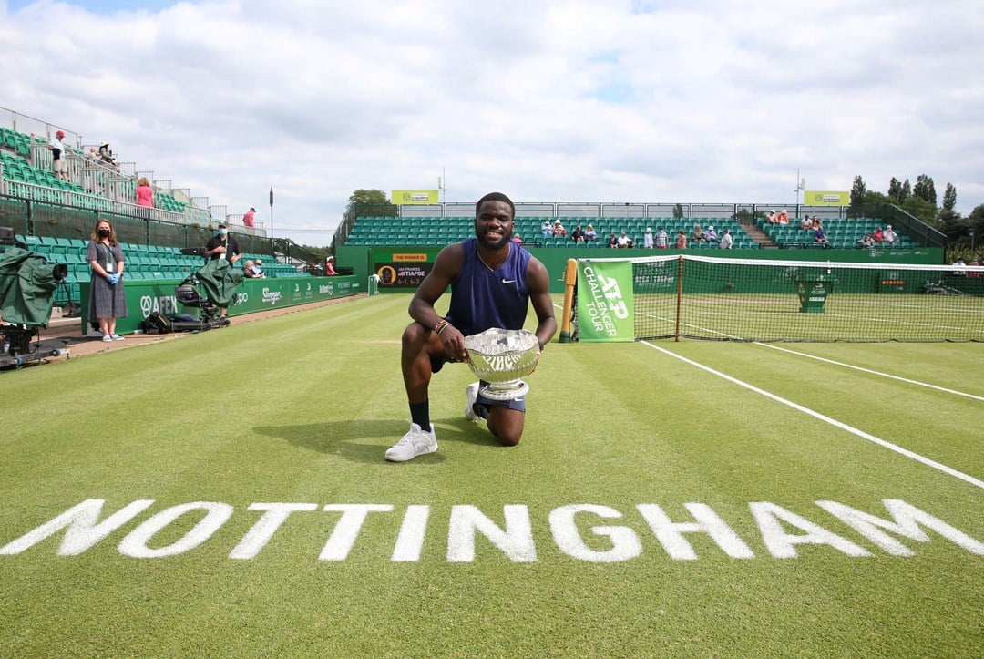 Frances Tafore holds the Men's Singles Nottingham Open Trophy after being crowned the 2021 champion