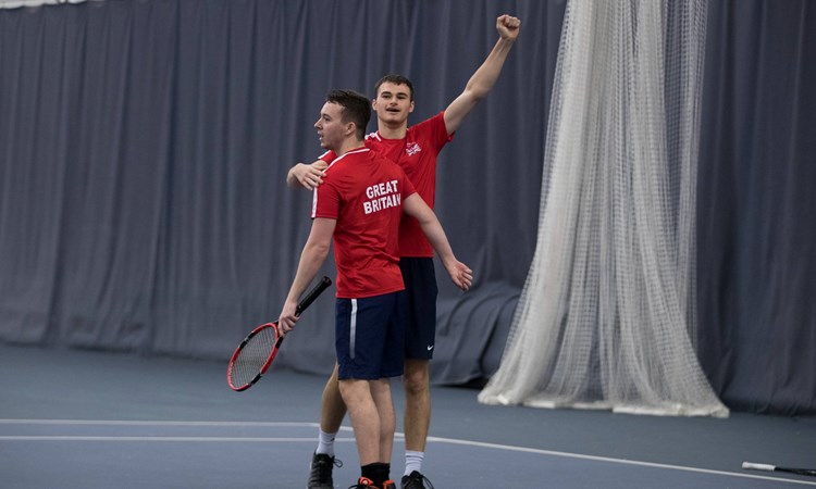 Dominic Iannotti and Fabrice Higgins celebrates winning his Mens Doubles Final match at the INAS Learning Disability International on April 14, 2017 in Bolton, England.