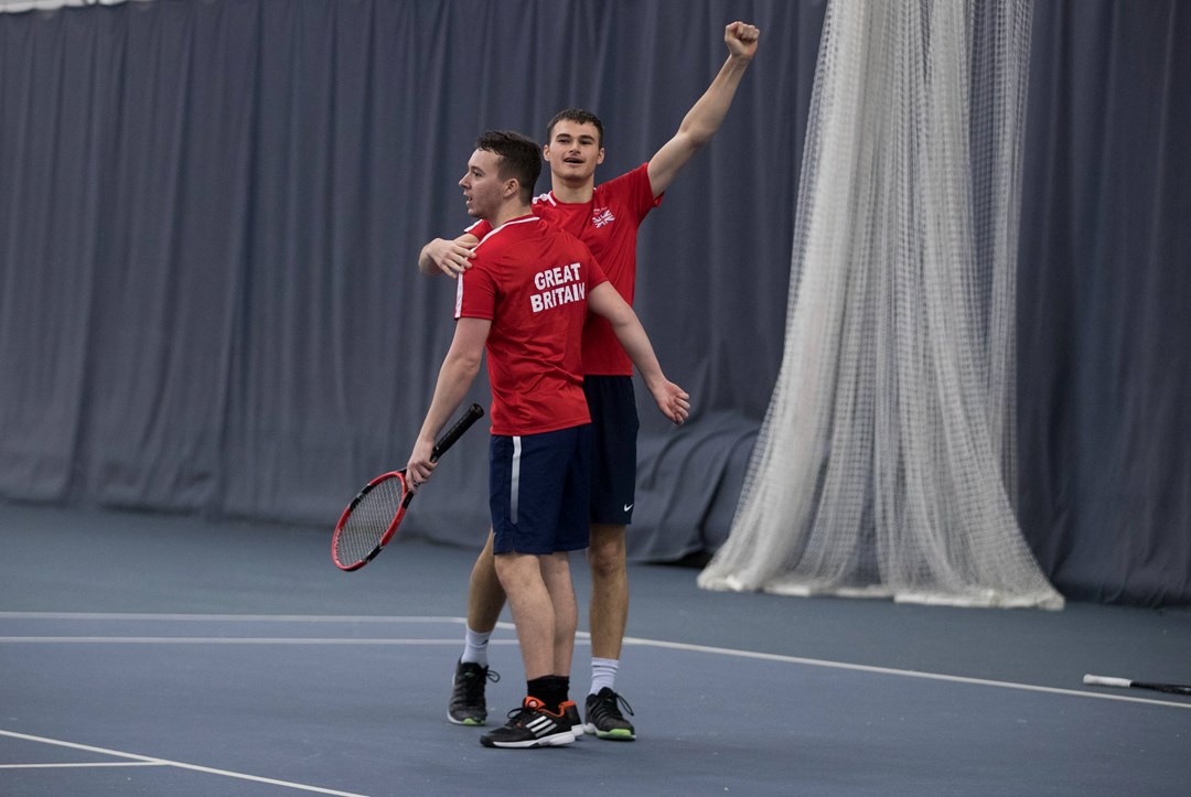 Dominic Iannotti and Fabrice Higgins celebrates winning his Mens Doubles Final match at the INAS Learning Disability International on April 14, 2017 in Bolton, England.