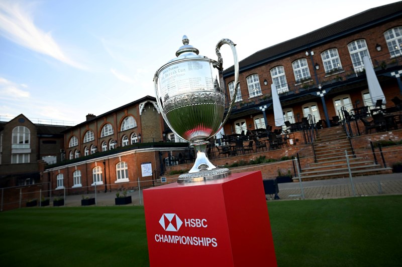 The HSBC Championships men's trophy outside the clubhouse
