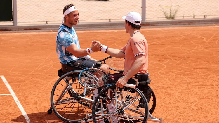 Alfie Hewett and Gordon Reid celebrating after winning the Men's Wheelchair Doubles final match at Roland Garros
