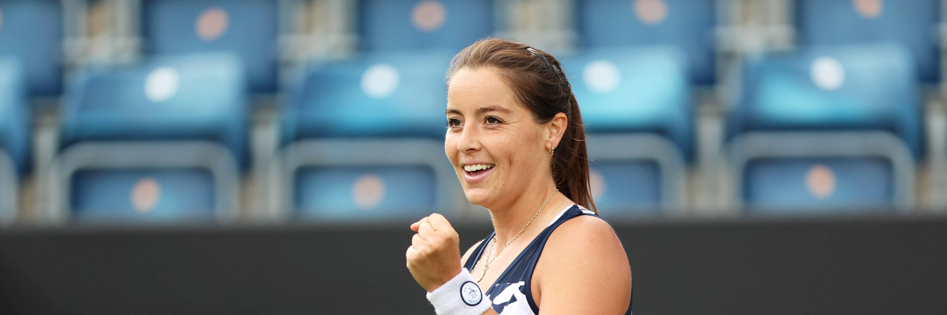 Jodie Burrage smiles and gives a fist pump after coming through the first round at the Lexus Birmingham Open