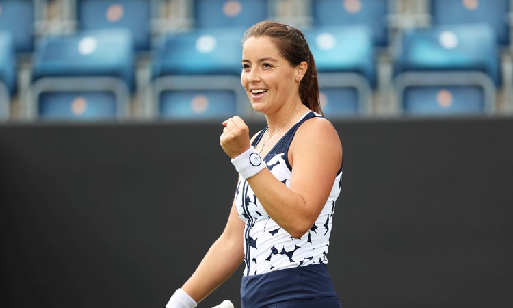Jodie Burrage smiles and gives a fist pump after coming through the first round at the Lexus Birmingham Open