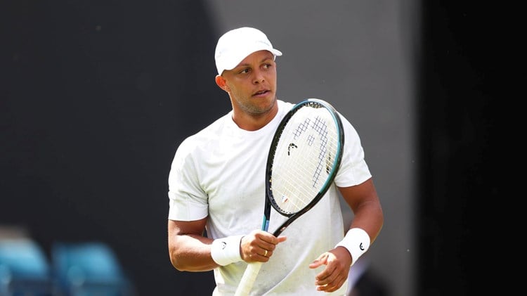 Jay Clarke celebrates winning a point in the opening round at the Lexus Birmingham Open