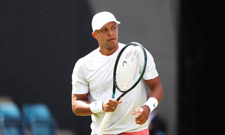 Jay Clarke celebrates winning a point in the opening round at the Lexus Birmingham Open