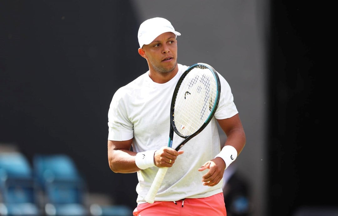 Jay Clarke celebrates winning a point in the opening round at the Lexus Birmingham Open