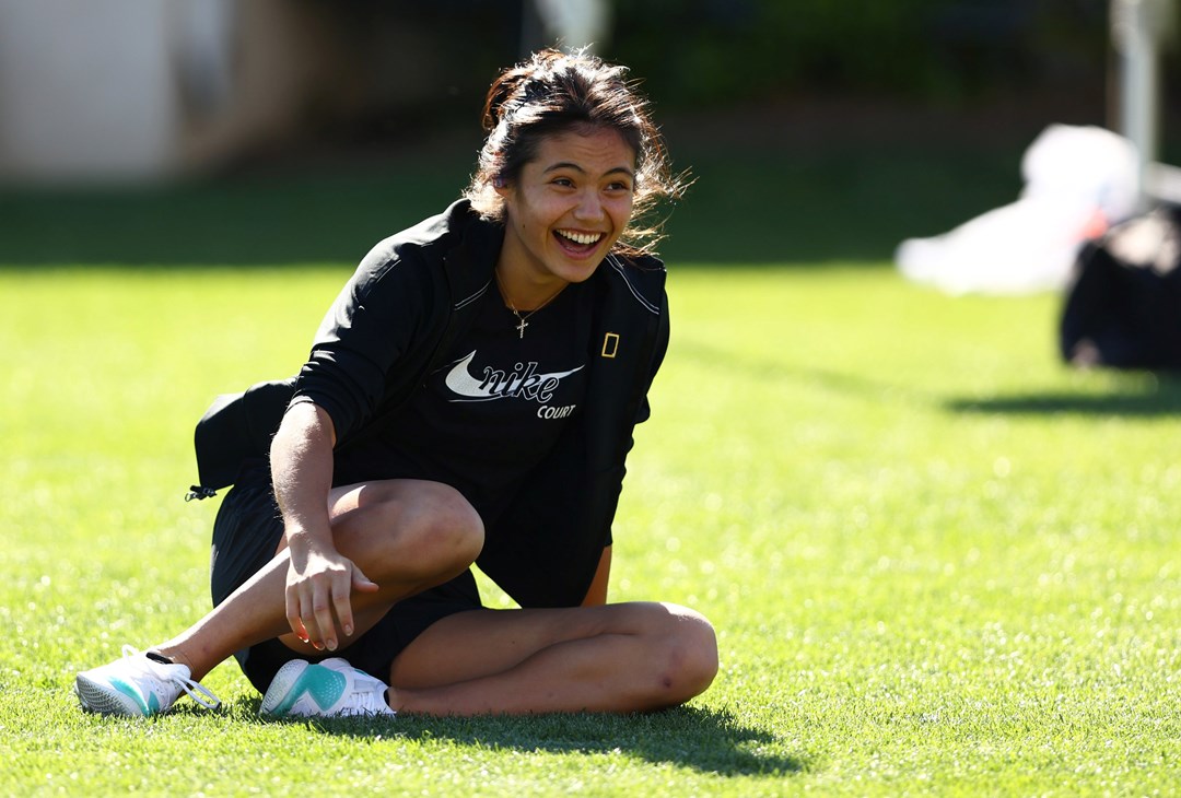 Emma Raducanu laughing during her training session at Indian Wells