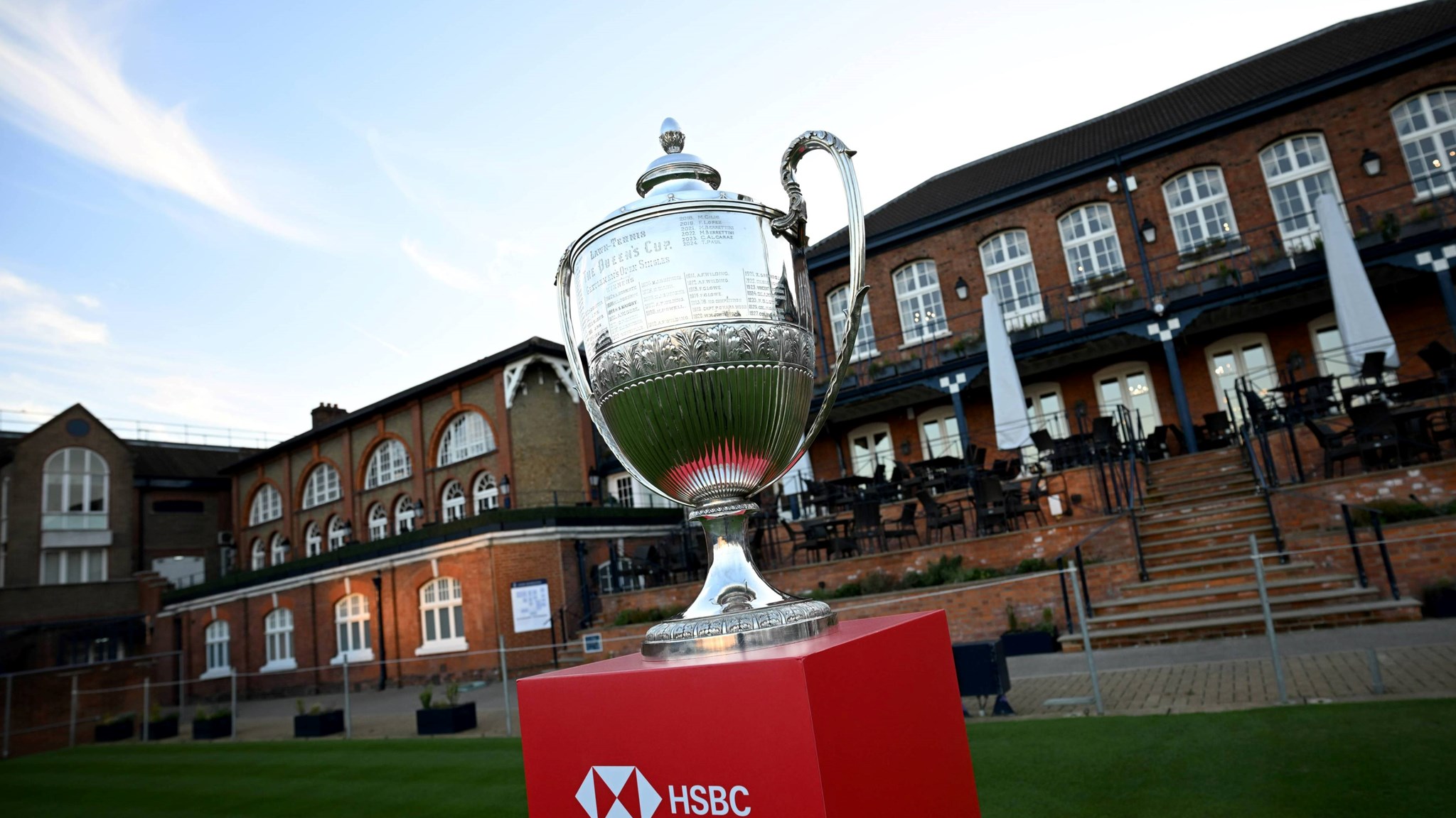 The HSBC Championships men's trophy outside the clubhouse