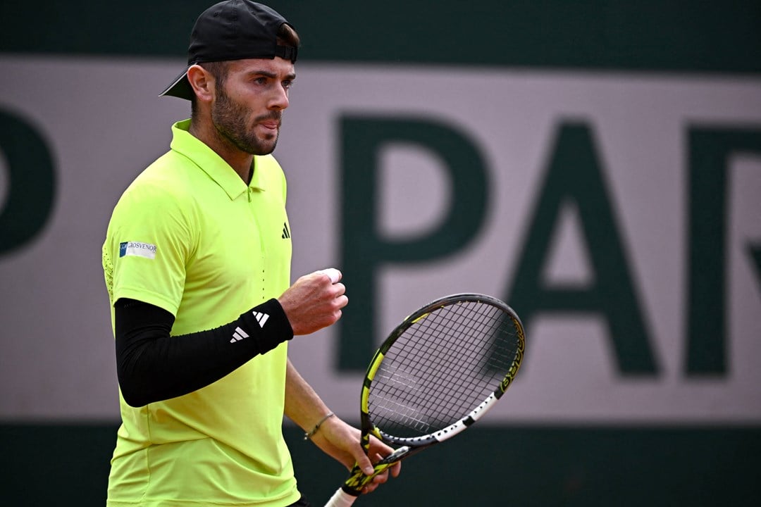 Jacob Fearnley gives a fist pump during his win over Stan Wawrinka at Roland Garros