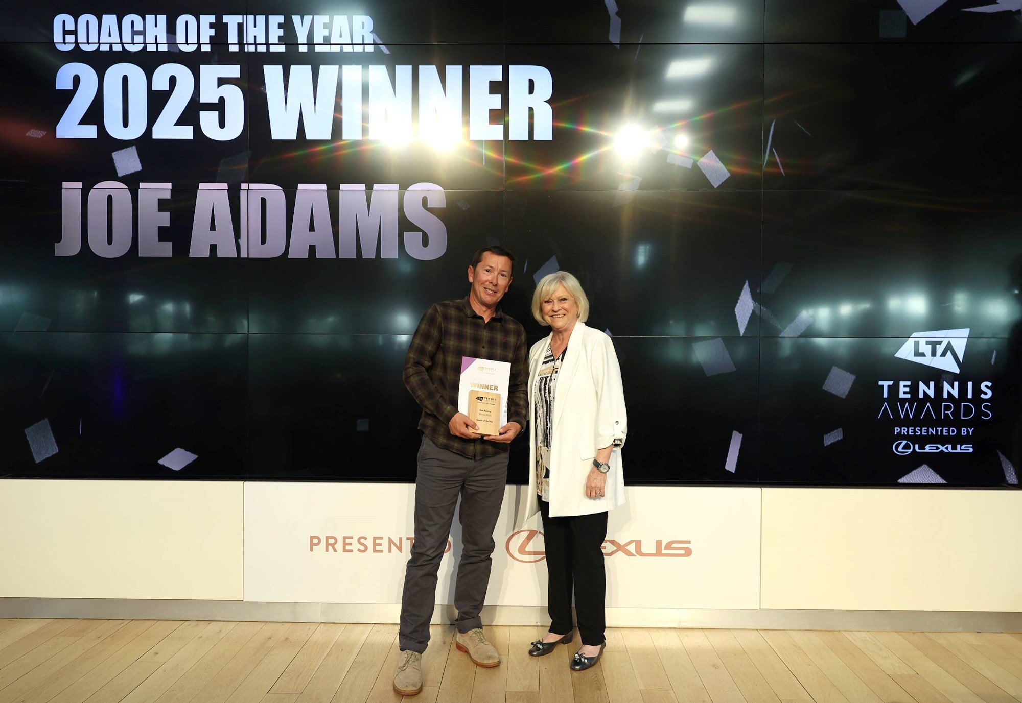 Coach of the Year winner Joe Adams with Sue Barker at the LTA Tennis Awards 2025