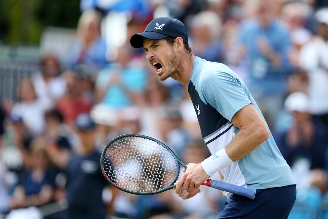 Andy Murray celebrates after taking the first set during his second round match of the 2022 Surbiton Trophy Tennis Tournament