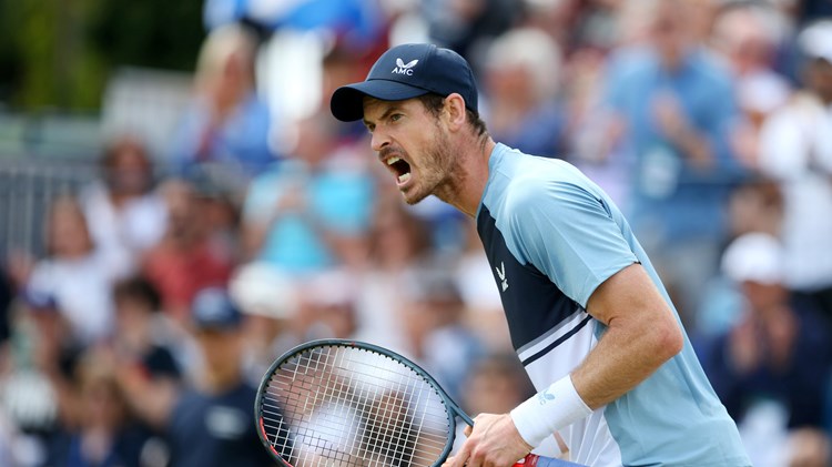 Andy Murray celebrates after taking the first set during his second round match of the 2022 Surbiton Trophy Tennis Tournament