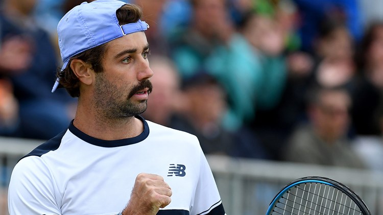 Jordan Thompson celebrates winning a point at the 2022 Surbiton Trophy