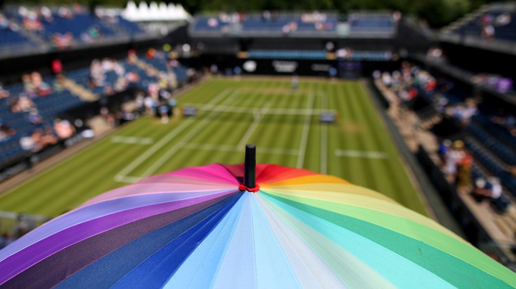 A rainbow umbrella is seen in support of the LTA's themed 'Friday Pride Day' in celebration of LGBTQ+ Pride Month on Day Seven of the Rothesay Classic Birmingham at Edgbaston Priory Club 