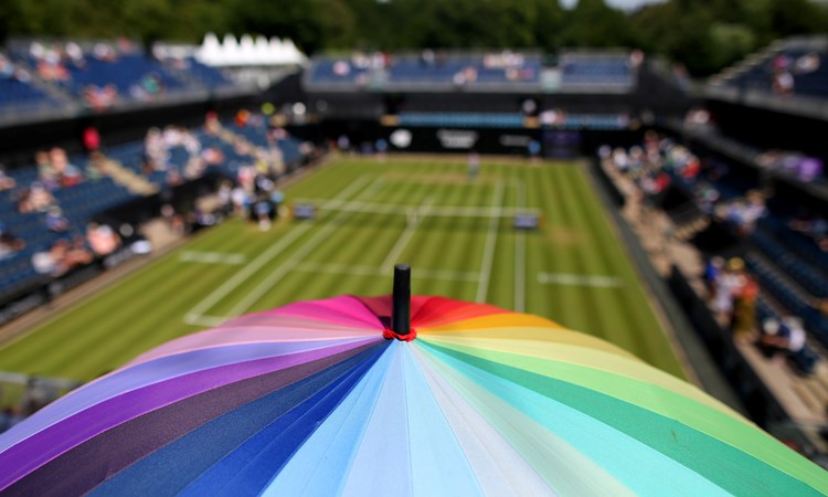 A rainbow umbrella is seen in support of the LTA's themed 'Friday Pride Day' in celebration of LGBTQ+ Pride Month on Day Seven of the Rothesay Classic Birmingham at Edgbaston Priory Club 