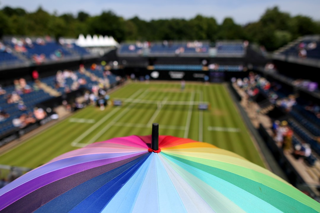 A rainbow umbrella is seen in support of the LTA's themed 'Friday Pride Day' in celebration of LGBTQ+ Pride Month on Day Seven of the Rothesay Classic Birmingham at Edgbaston Priory Club