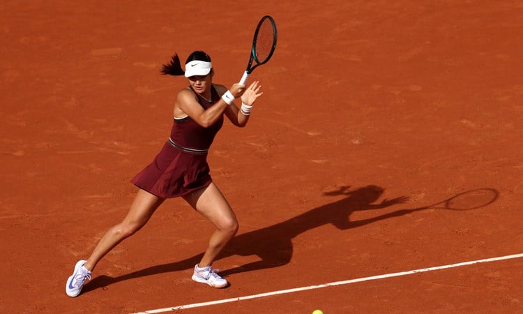 Emma Raducanu hits a forehand in the second round at Roland Garros
