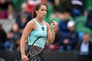 Jodie Burrage fist pumps in her opening round win at the Rothesay Open Nottingham