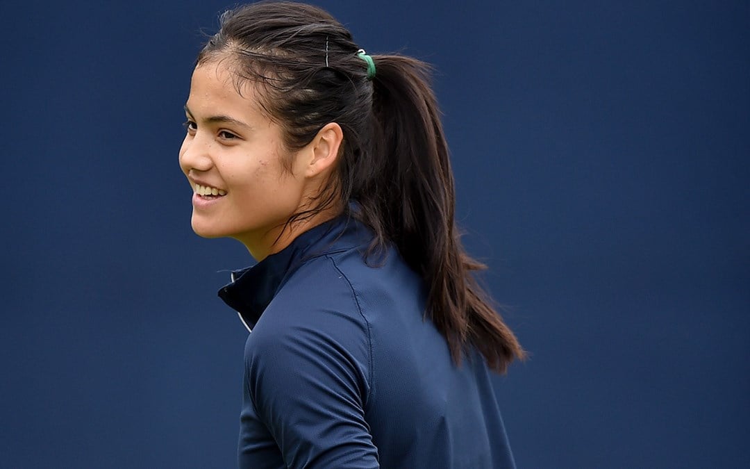 Emma Raducanu smiling at training at the Rothesay Open Nottingham