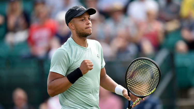 Jay Clarke celebrates after winning match point in the first round of the 2022 Rothesay Open