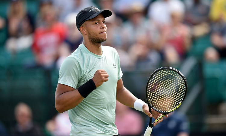 Jay Clarke celebrates after winning match point in the first round of the 2022 Rothesay Open