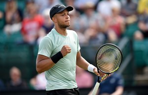 Jay Clarke celebrates after winning match point in the first round of the 2022 Rothesay Open