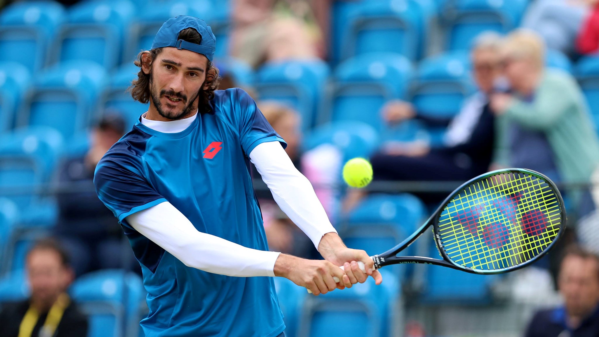 Lloyd Harris hits a backhand at the Lexus Surbiton Trophy